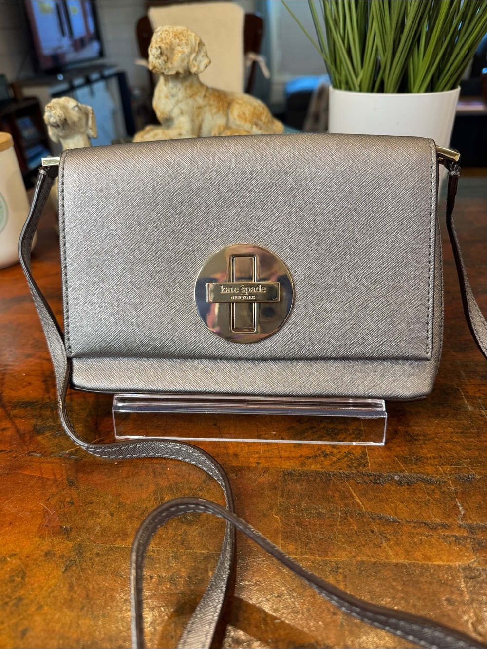 kate spade Metallic Silver Crossbody with Circular Logo Turnlock